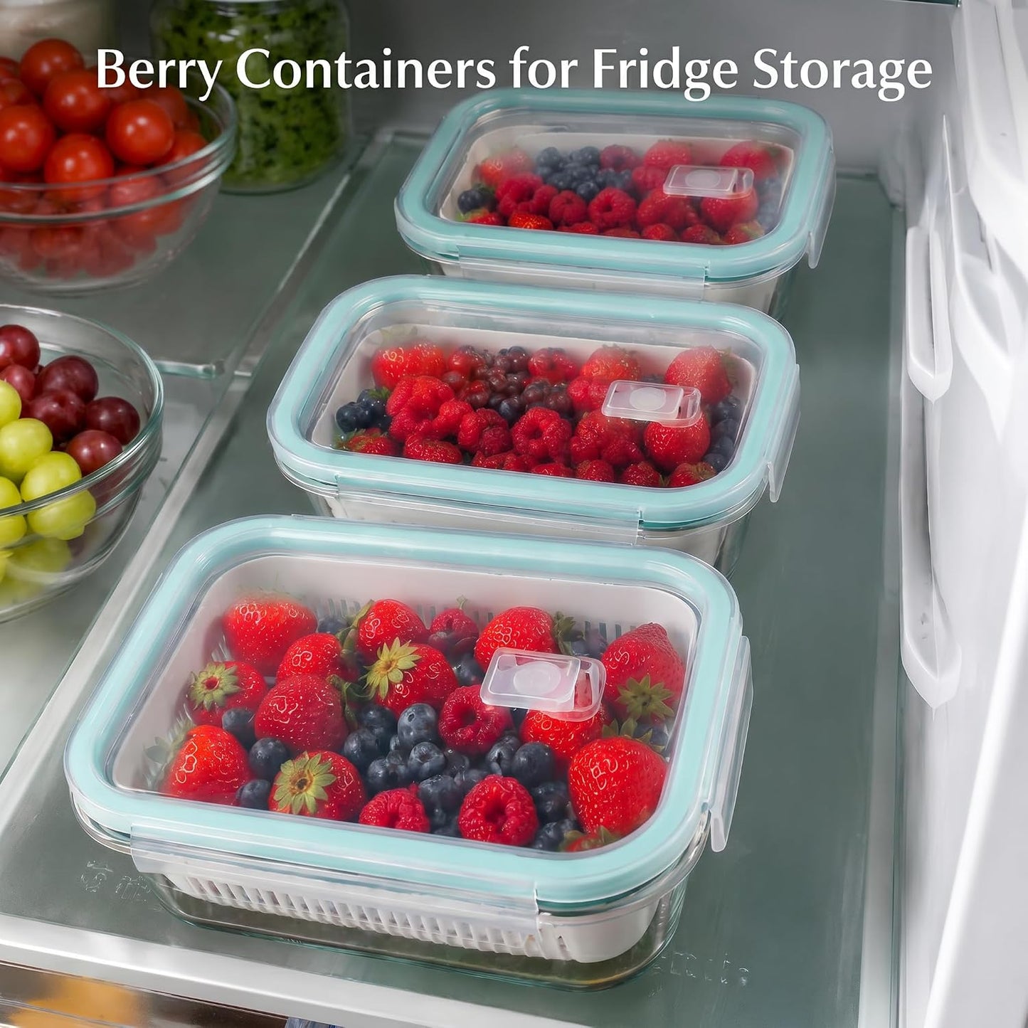 Glass Berry Container for Fridge, 3 Pack, 56oz 35oz 25oz, with Removable Colander and Vent Valve, Fresh Produce Storage Set