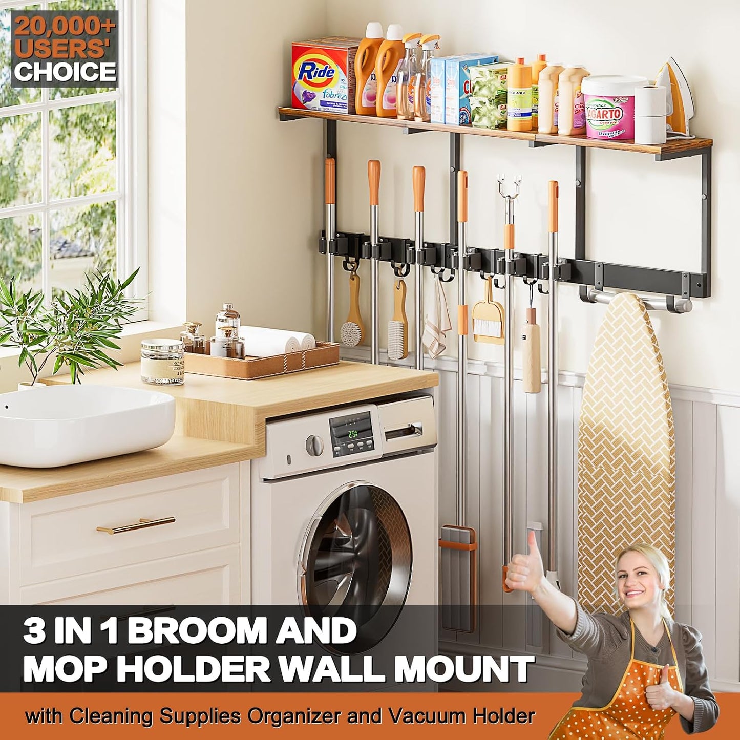 Broom Holder Wall Mount with Cleaning Supplies Organizer, Laundry Room Organization and Storage Shelves with Mop Hanger Rack Gripper Hooks, Utility Shelf Closet Organizer for Home Garage Kitchen