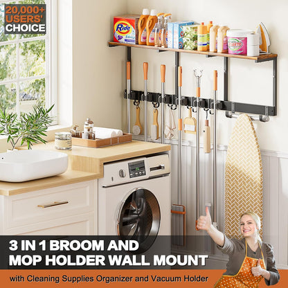 Broom Holder Wall Mount with Cleaning Supplies Organizer, Laundry Room Organization and Storage Shelves with Mop Hanger Rack Gripper Hooks, Utility Shelf Closet Organizer for Home Garage Kitchen