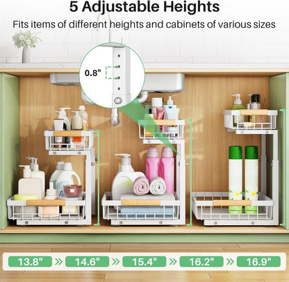 Kitstorack Under Sink Organizer, 2 Tier Under the Sink Storage, Slide out Pull out Cabinet Organizer Shelf, Metal Sliding Drawer for Kitchen Bathroom Pantry Closet Organization Rack, Black, 2 Pack