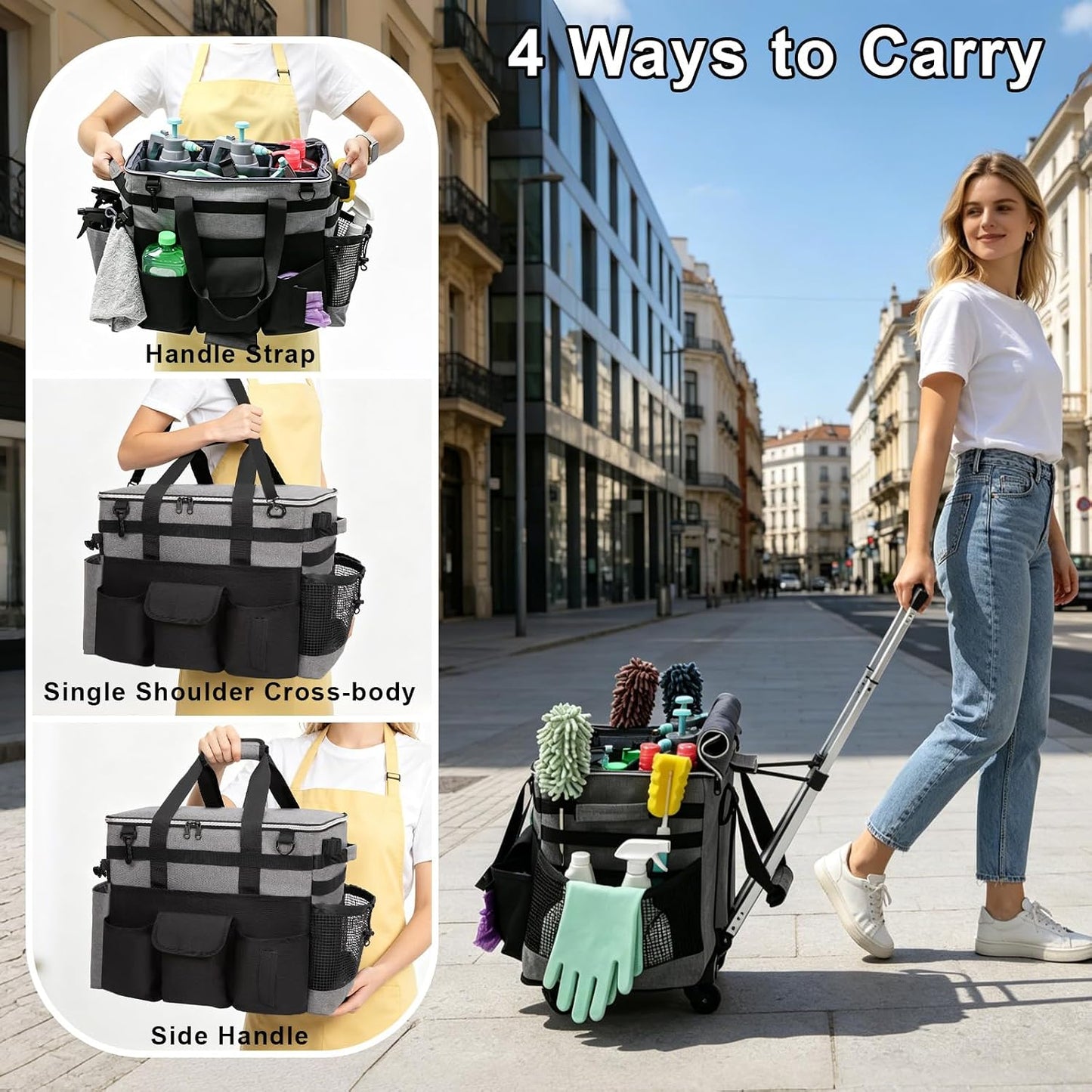 Wearable Large Cleaning Caddy Bag for Housekeepers (Black&Gray) | Cleaning Supplies Organizer with Adjustable Shoulder, Waist & Handle Straps, Detailing Bag for Kitchen Supplies