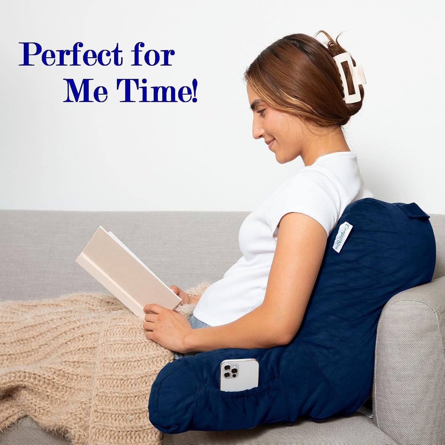 Reading Pillow for Bed with Arms Pockets for Adults, Large Grey | Bed Pillow for Sitting Up for Nursing, Breast Feeding, Bedrest or Relief from GERD or Heartburn; Removable, Washable Cover