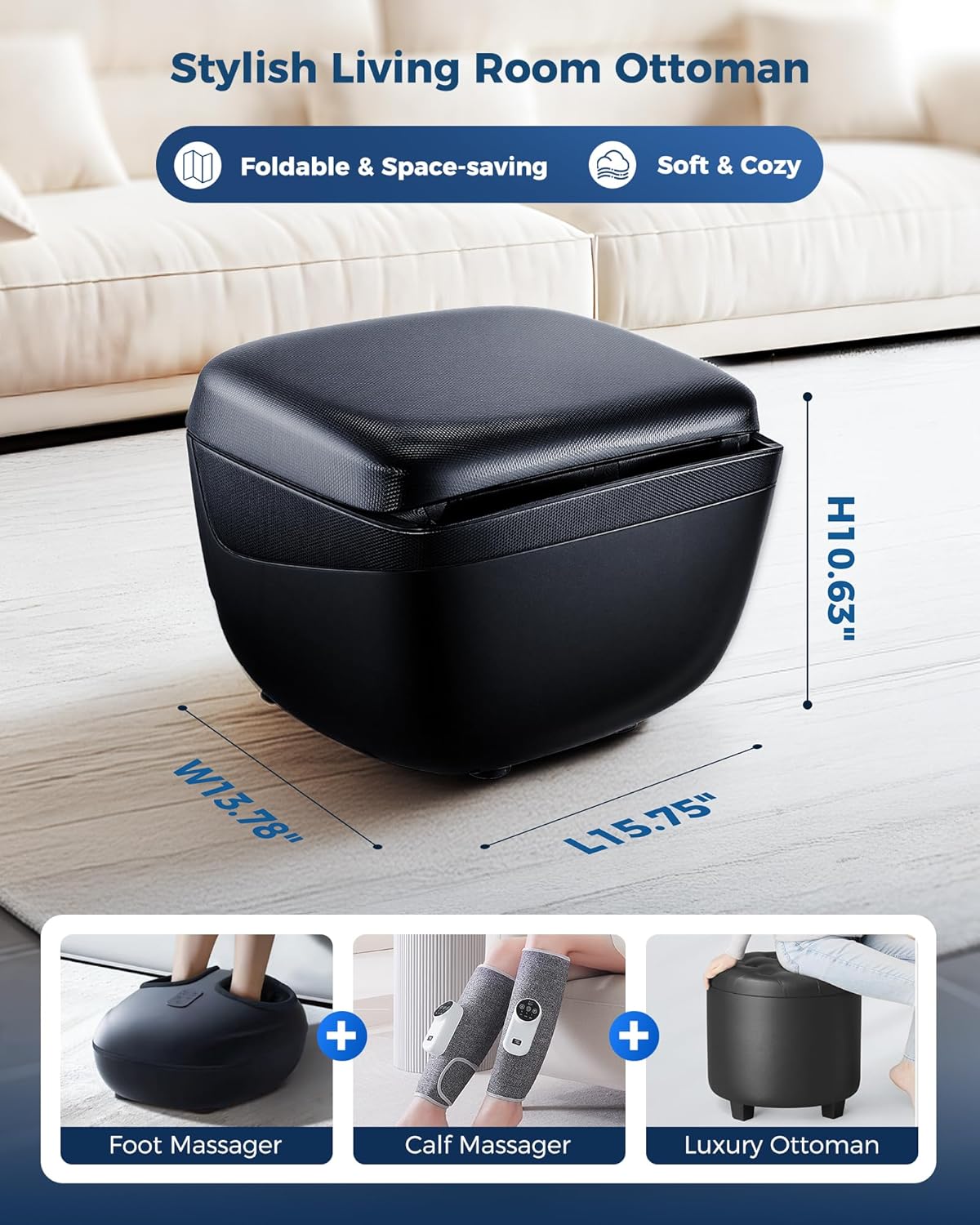 KNQZE Shiatsu Foot & Calf Massager with Heat, Multi-Use Luxury Ottoman | 3-in-1 Massager, FSA Eligible, Foldable & Ergonomic Design, 3 Kneading /Air Squeeze/ Heat Levels, Great for Home & Family