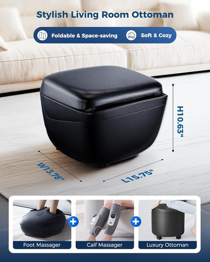 KNQZE Shiatsu Foot & Calf Massager with Heat, Multi-Use Luxury Ottoman | 3-in-1 Massager, FSA Eligible, Foldable & Ergonomic Design, 3 Kneading /Air Squeeze/ Heat Levels, Great for Home & Family