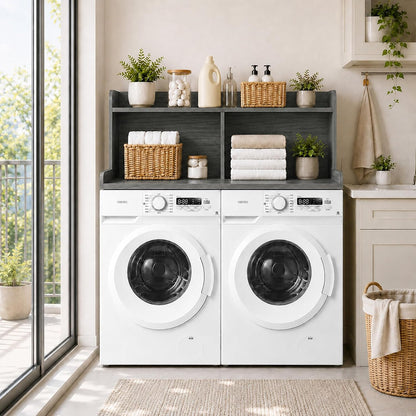 Royxen Washer Dryer Countertop with Extra Tall Shelf, 19" Height Washer and Dryer Topper, Laundry Countertop with Non-Slip Pads, Universal Fit for Laundry Room Organization, Walnut