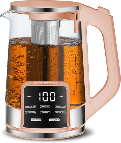 Gourmia Electric Glass Kettle – 1.7L Programmable Tea & Coffee Brewer with Digital Touch Display, 6 Presets, Removable Stainless Steel Infuser, Cordless with 360° Swivel Base, Black