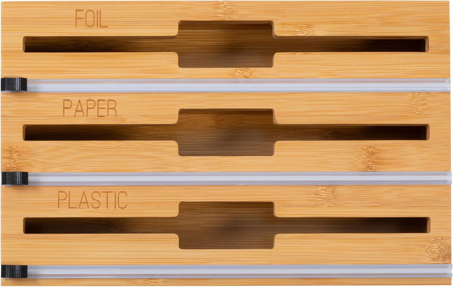 Honey-Can-Do Bamboo Wrap Organizer with Safety Cutter — 3-in-1 Drawer Holder for Aluminum Foil, Wax & Parchment Paper, and Plastic Wrap (Fits 12" Rolls)