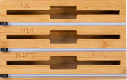 Honey-Can-Do Bamboo Wrap Organizer with Safety Cutter — 3-in-1 Drawer Holder for Aluminum Foil, Wax & Parchment Paper, and Plastic Wrap (Fits 12" Rolls)