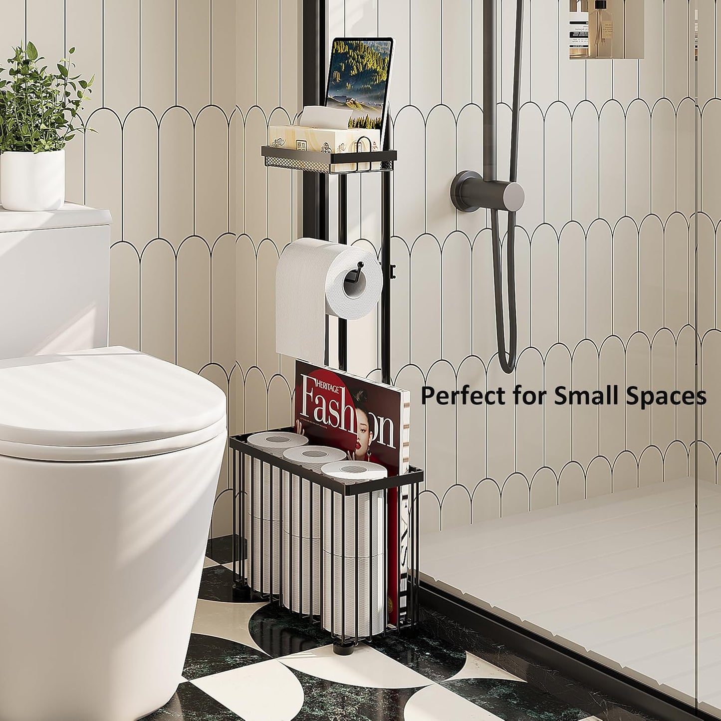 Freestanding Toilet Paper Holder Toilet Tissue Rack Scroll Stand Roll Dispenser with Storage Shelf Reserve for Phone Tablet Magazine Bathroom Organizer Bath Tissue Organizer (Silver)