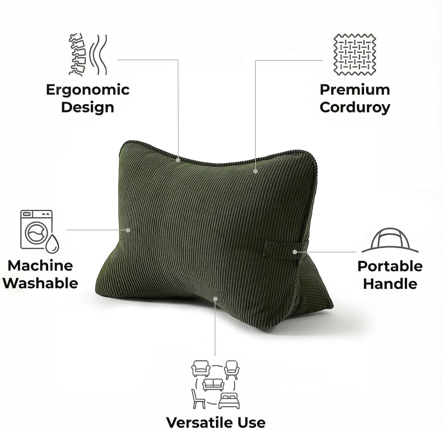 Pat. Pend. Corduroy Lumbar Support Back Pillow for Watching TV, Reading & Gaming, Ergonomic Triangle Support Cushion for Sofa, Armchair & Bed Sitting, Removable Washable Cover, Beige Gray