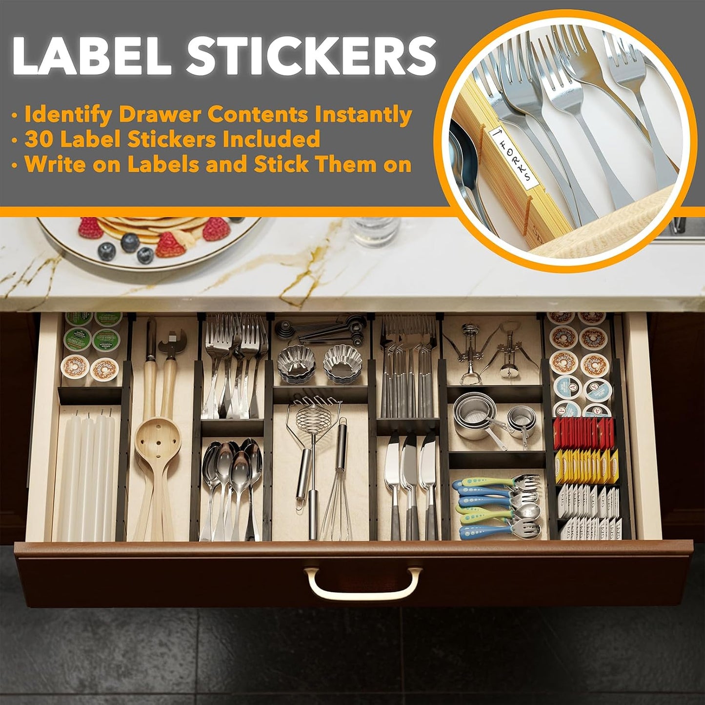 SpaceAid Bamboo Drawer Dividers with Inserts and Labels, Kitchen Adjustable Drawer Organizers, Expandable Organization for Home, Office, Dressers, 4 Dividers with 9 Inserts (17"-22" Natural)