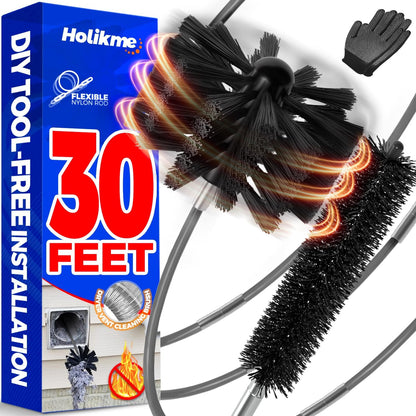 Holikme Dryer Vent Cleaner Kit - 30Ft Fireplace Chimney Brushes Flexible | Dryer Vent Cleaner Brush with Drill Attachment, Removes Years of Lint Buildup, Improves Airflow, Faster Drying & Fire Safety