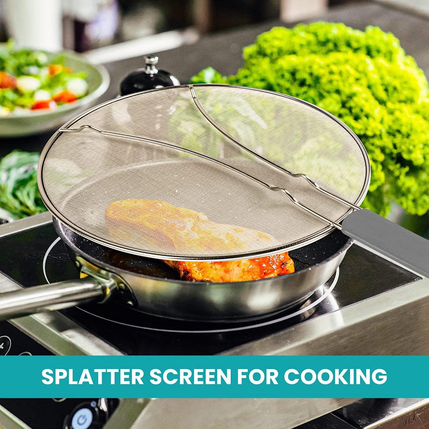 13" Grease Splatter Screen for Cooking | Stainless Steel Oil Splatter Guard and Ultra-Fine Mesh Protects Skin from Burns | TPR Tight-Grip Handle (Red)