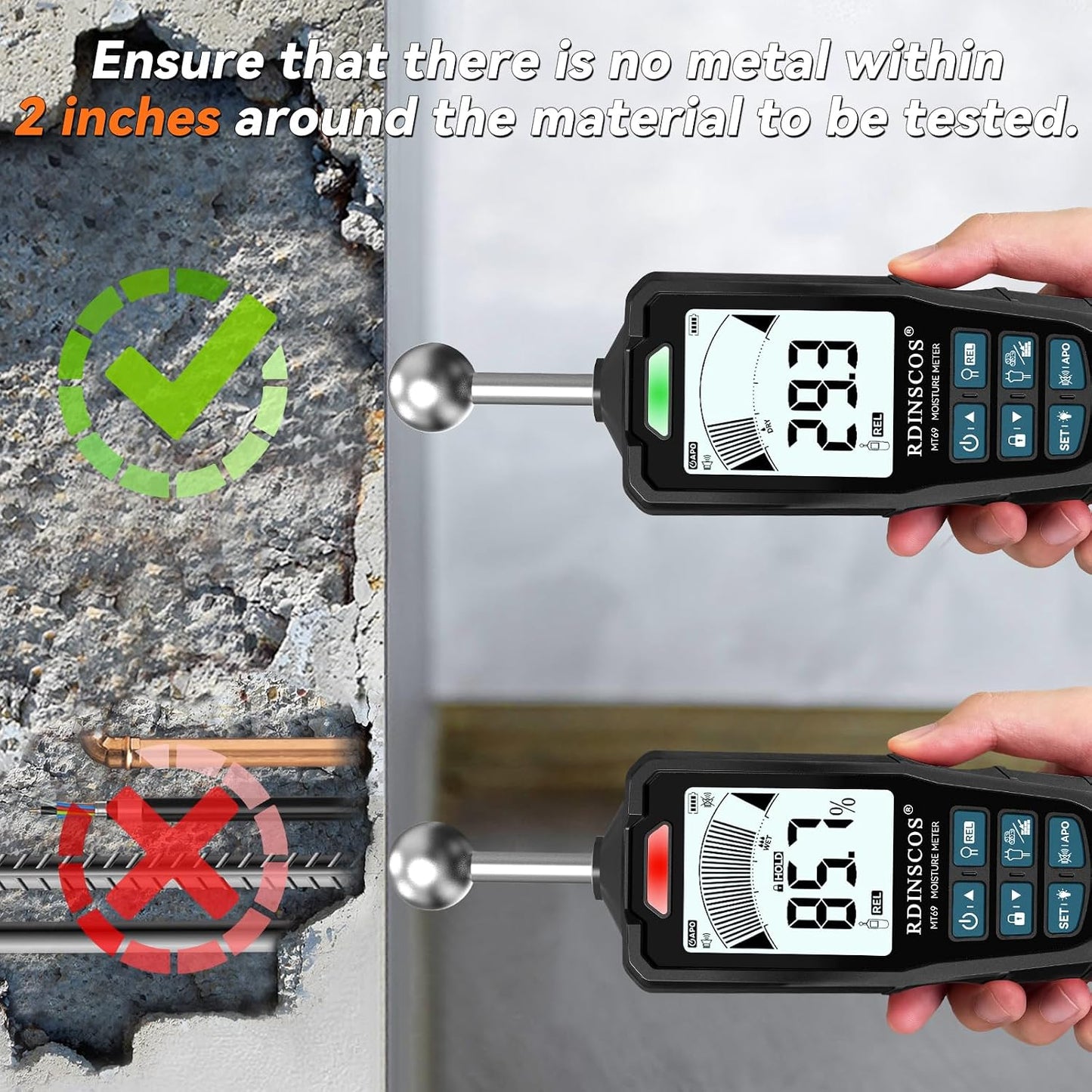 Pinless Moisture Meter for Wall,Floor – Digital Moisture Tester | With 3-Color LCD Display, Audible Alarm & HOLD Function, Ideal for Home Inspections