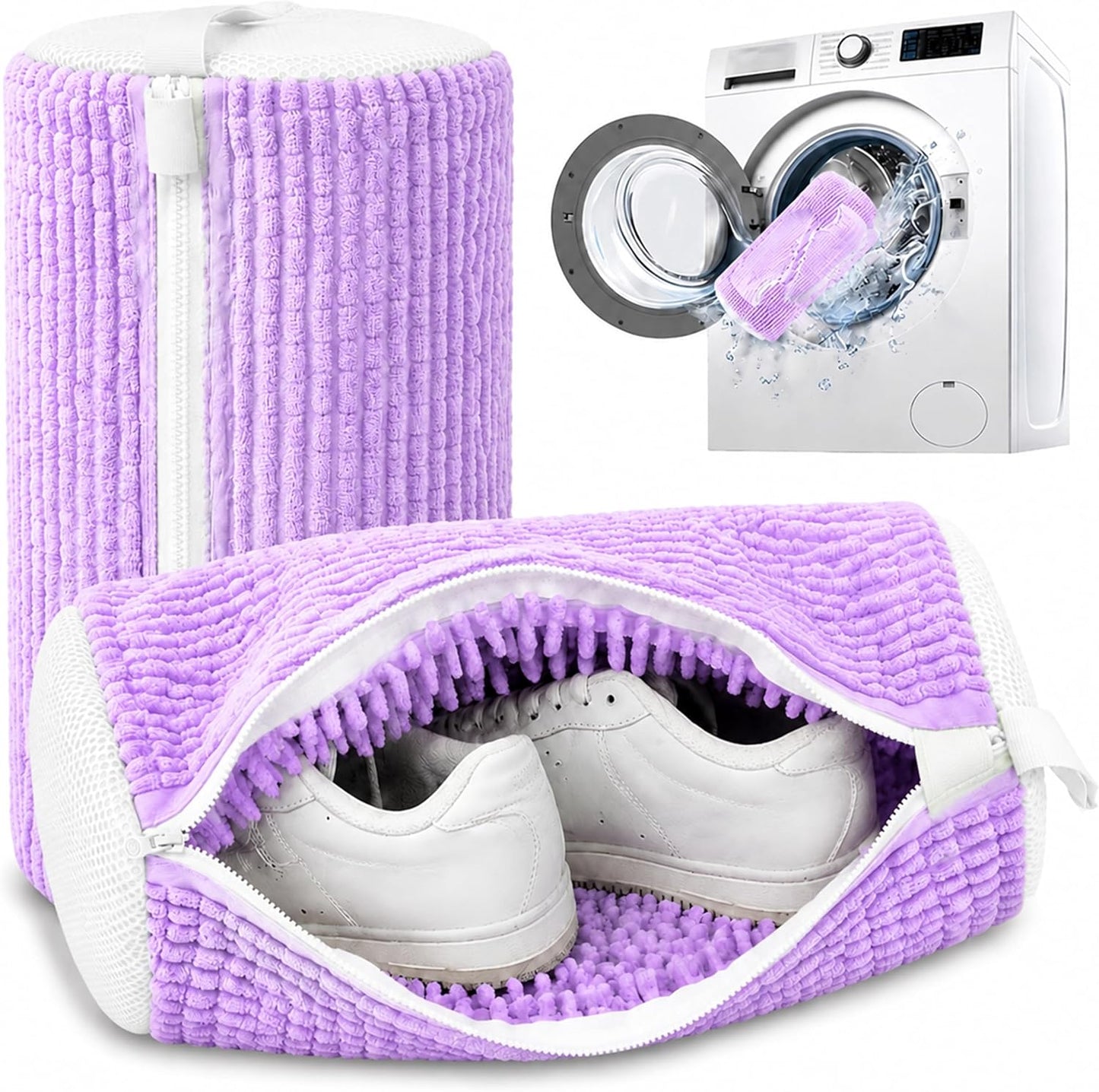 Reusable Shoe Washing Bag, 2-Pack Chenille Laundry Bag for Washer & Dryer. | Soft chenille fibers help deep clean sneakers while the hidden zipper keeps shoes secure and helps protect your washer.