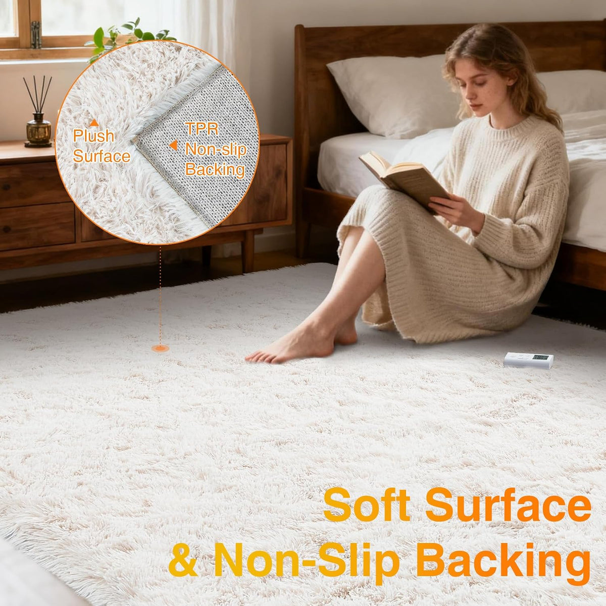 GarveeHome 8x10 ft Wireless Heated Floor Mat, Heated Rug Gaming Rug with 6 Heat Levels & 10H Auto Off, Soft Plush Heating Carpet Foot Warmer for Living Room Bedroom Office Playroom, White
