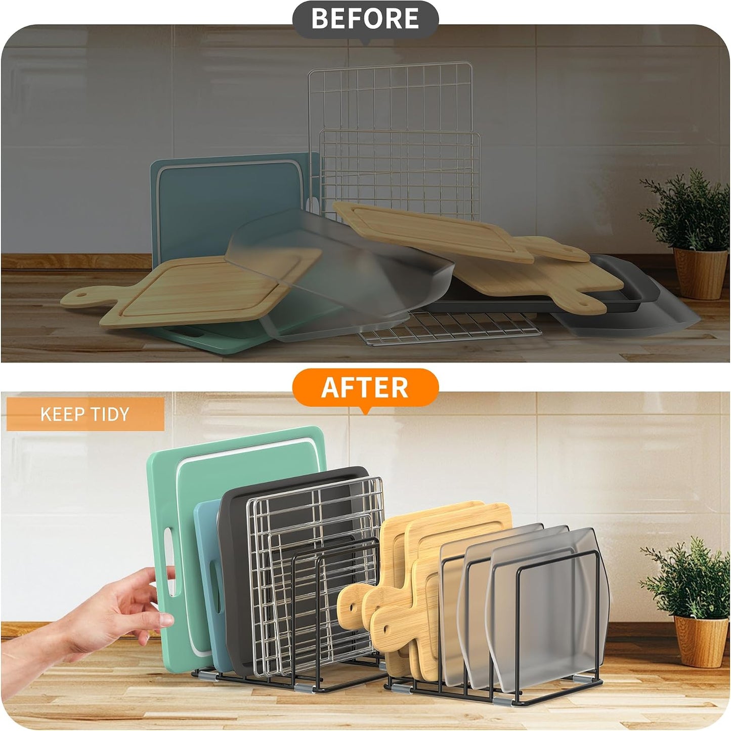 Cutting Board Organizer, Kitchen Cabinet Organizer | Divided Rack with 5 Slots for Baking Trays - Cookie sheet Organizer, Baking Sheets Holder [2-Pack], Large