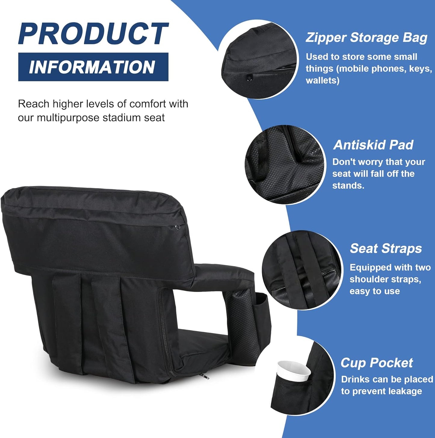20.5"/25" Wide Stadium Seat for Bleachers w/Back Support Padded Cushion Portable Reclining Bleacher Seats Camping Stadium Chair Waterproof