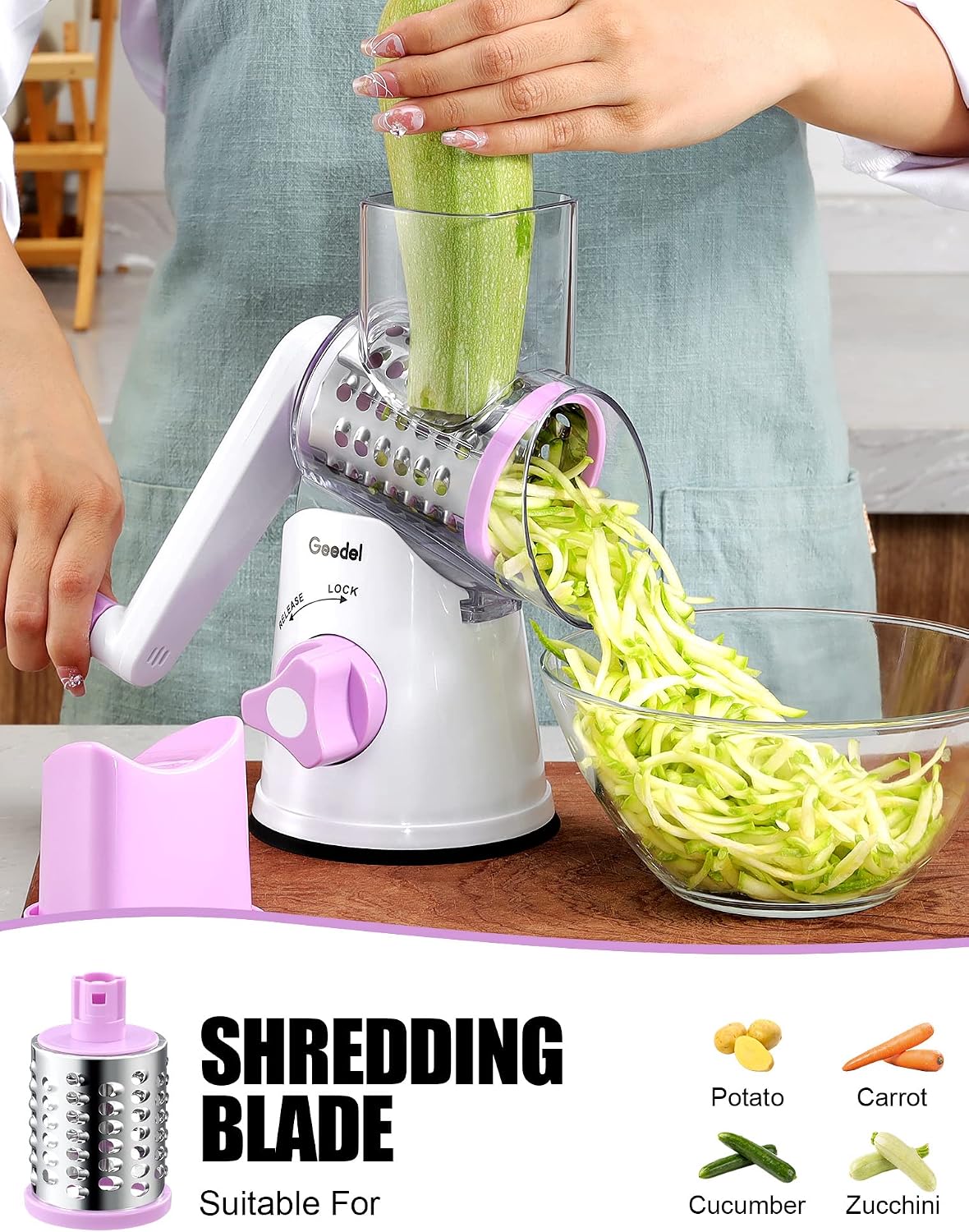 Geedel Rotary Cheese Grater, Kitchen Mandoline Vegetable Slicer with 3 Interchangeable Blades, Easy to Clean Rotary Grater Slicer for Fruit, Vegetables, Nuts | 3 Blades, 430 Stainless Steel, 12x Fast Cutting, Strong Suction Base, No BPA, Dishwasher Safe,