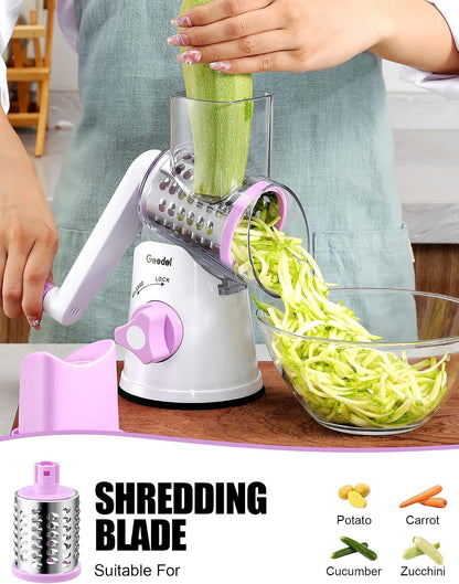 Geedel Rotary Cheese Grater, Kitchen Mandoline Vegetable Slicer with 3 Interchangeable Blades, Easy to Clean Rotary Grater Slicer for Fruit, Vegetables, Nuts | 3 Blades, 430 Stainless Steel, 12x Fast Cutting, Strong Suction Base, No BPA, Dishwasher Safe,