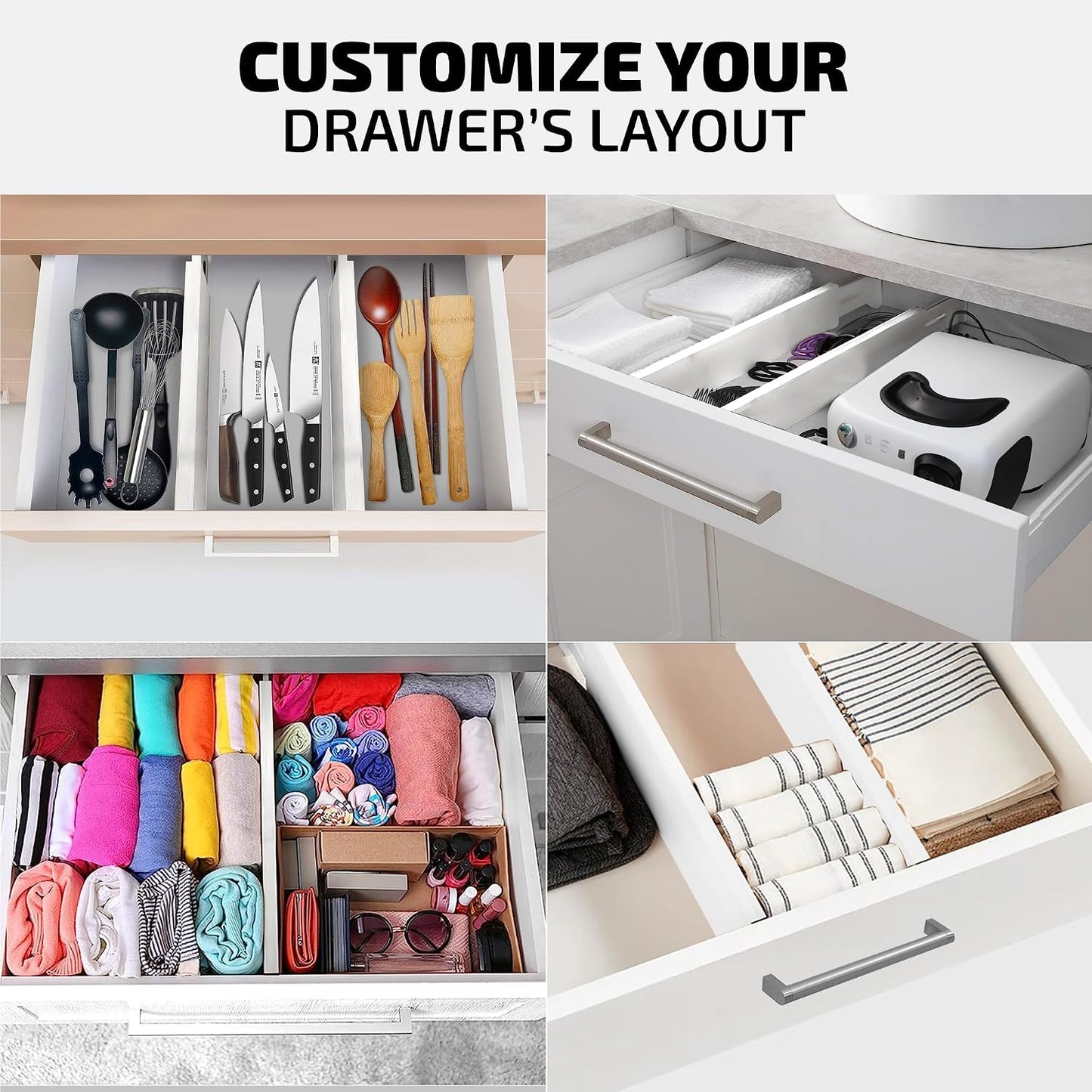 4-Pack Drawer Dividers 2.6-Inch High Dresser Organizer 16 to 22 Inch, Black | Bamboo, Spring Loaded, No Tools Needed, Fits Wide Drawers for Socks, Clothes, Utensils, Bedroom, Bathroom, Kitchen, Office