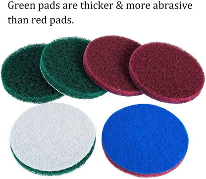 DUOSHIDA 4 Inch Drill Powered Brush Tile Scrubber Scouring Pads Cleaning Kit, 2 Different Stiffness, 4-Inch Disc Pad Holder with 6 Scrubbing Pads, Cleans Large Flat Areas Perfectly (4-inch)
