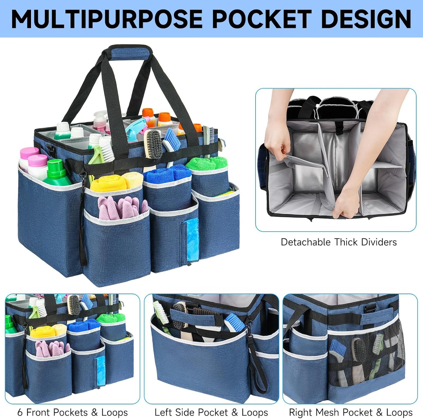 Large Rolling Cleaning Caddy Bag with Detachable Trolley,Cleaning Cart on Wheels with Shoulder Strap,Cleaning Supplies Organizer for Housekeepers,Purple