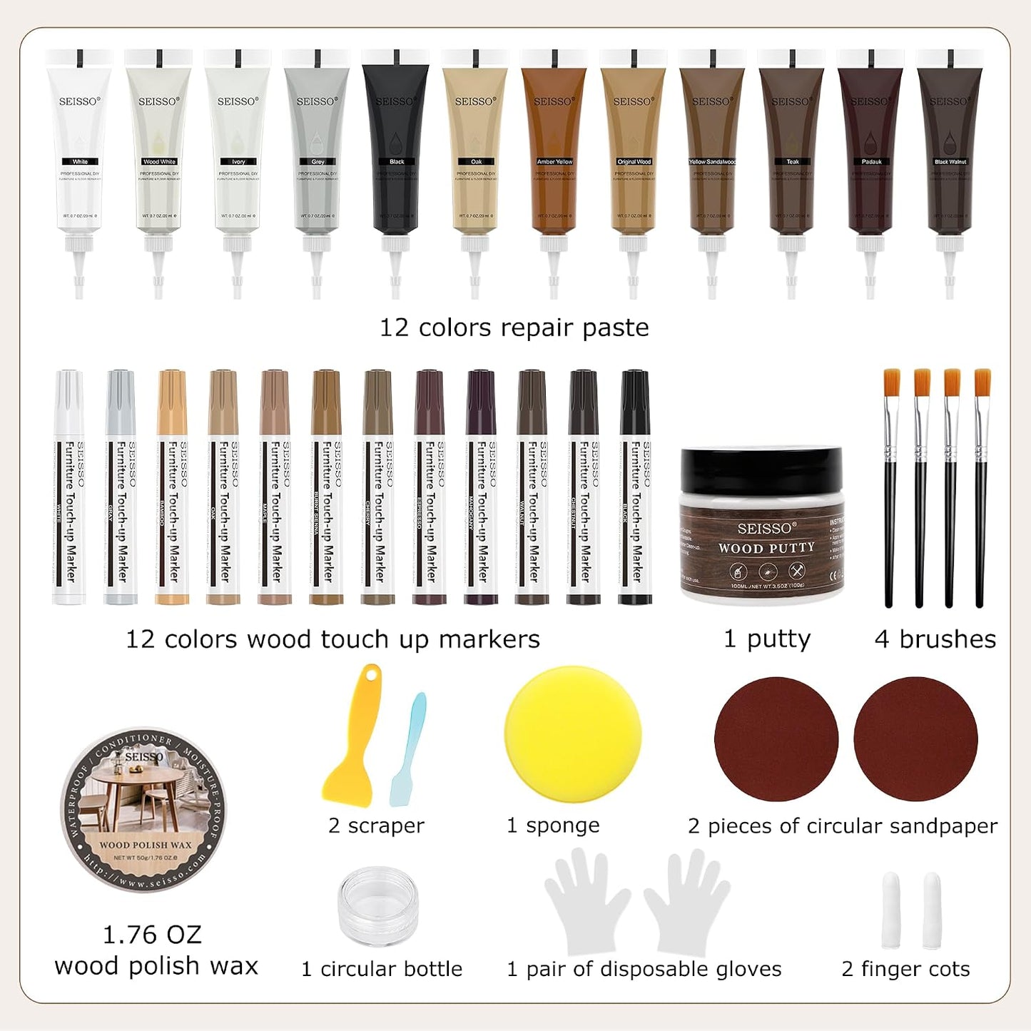 SEISSO Wood Furniture Repair Kit, Touch Up Markers Wood Fillers | Wood Putty with Polish Wax, 12 Colors Wood Repair Kit of Stains, Scratches, Holes, Cracks(40 PCs)