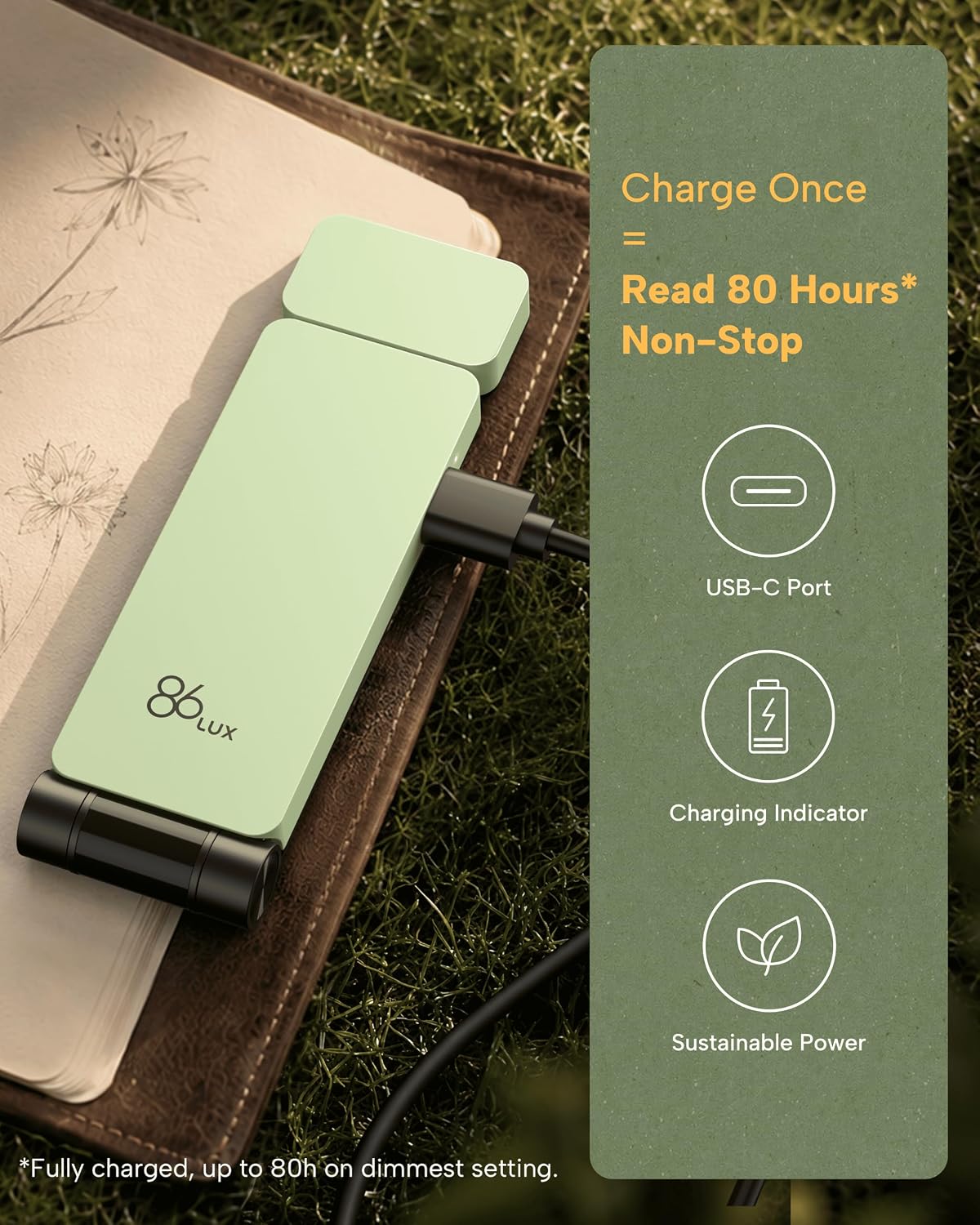 86lux Book Light, Rechargeable Clip-On LED Reading Light for Bed | 3 Color Temperatures with Stepless Dimming, Ultralight Bookmark Design for Book Lovers, Grey