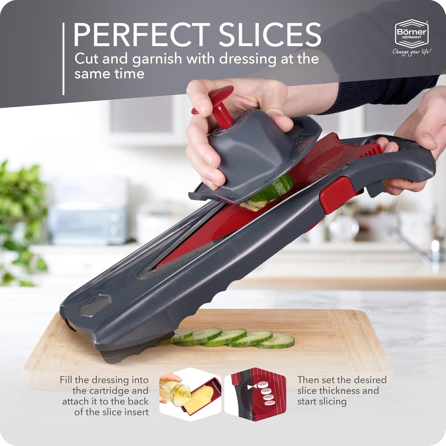 Börner by Reston Lloyd Mandoline Slicer Vital (Starter Set) • V-Slicer with 10 Cutting Styles & Safety Food Holder • Adjustable Kitchen Slicer & Dressing Function