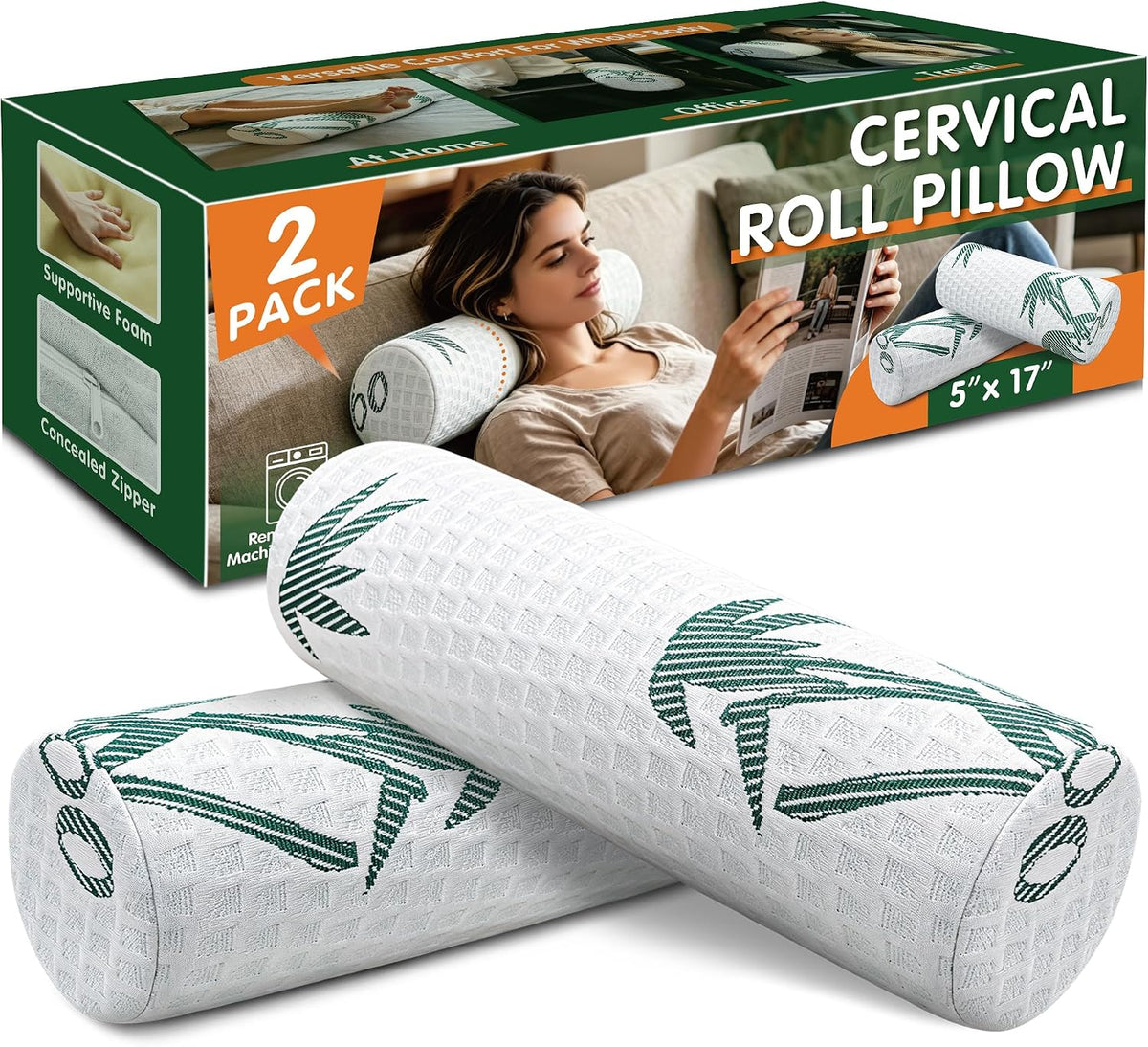 Asatdd Neck Roll Pillow, 2 Pack Foam Cervical Roll Pillow with Breathable Cover for Office Chair, Recliner Rest, and Home and Travel Use, 4" x 17"