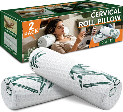 Asatdd Neck Roll Pillow, 2 Pack Foam Cervical Roll Pillow with Breathable Cover for Office Chair, Recliner Rest, and Home and Travel Use, 4" x 17"