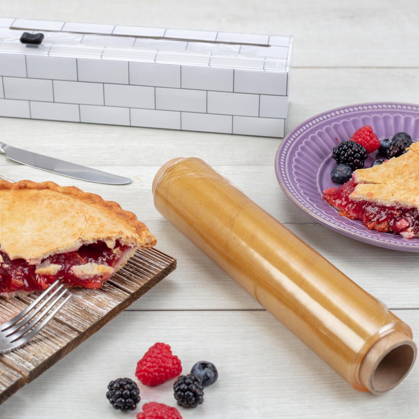 ChicWrap Subway Tile Plastic Wrap Dispenser - Includes 9"x250' roll | Small, Reusable Plastic Wrap Dispenser with Four Non-Slip Rubber Feet and Slide Cutter