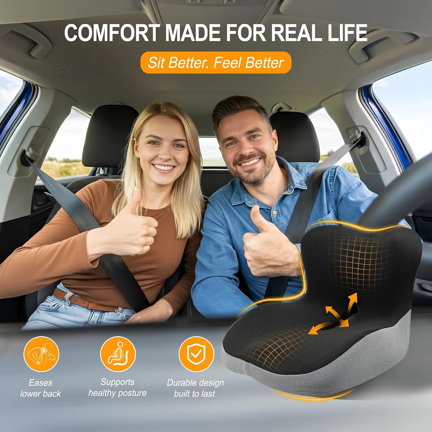 Allaboutsla Car Seat Cushion with Lumbar Support Pillow, Car Back Support | L-Shaped Ergonomic Memory Foam Seat Cushion, Car Seat Cushions for Driving, Driver Cushion and Back Support for Car, B&G