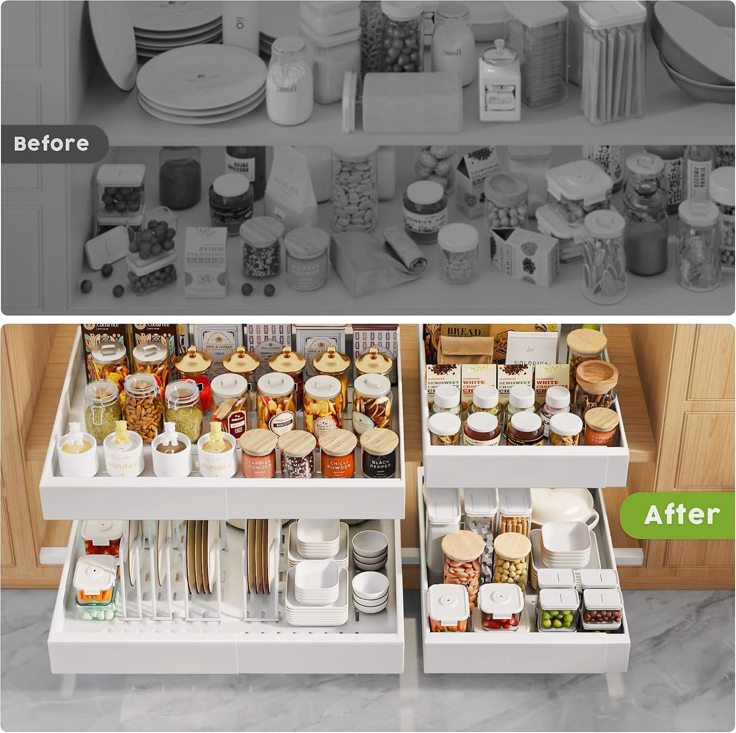 Seinloes 2 Pack Pull Out Cabinet Organizers 21"Deep with Raising Pad for Framed Cabinets,Expandable Slide Out Drawers Upgrade 3 Slide Rails,Roll Out Shelves Adhesive,Adjustable Width 12"-20.45" White