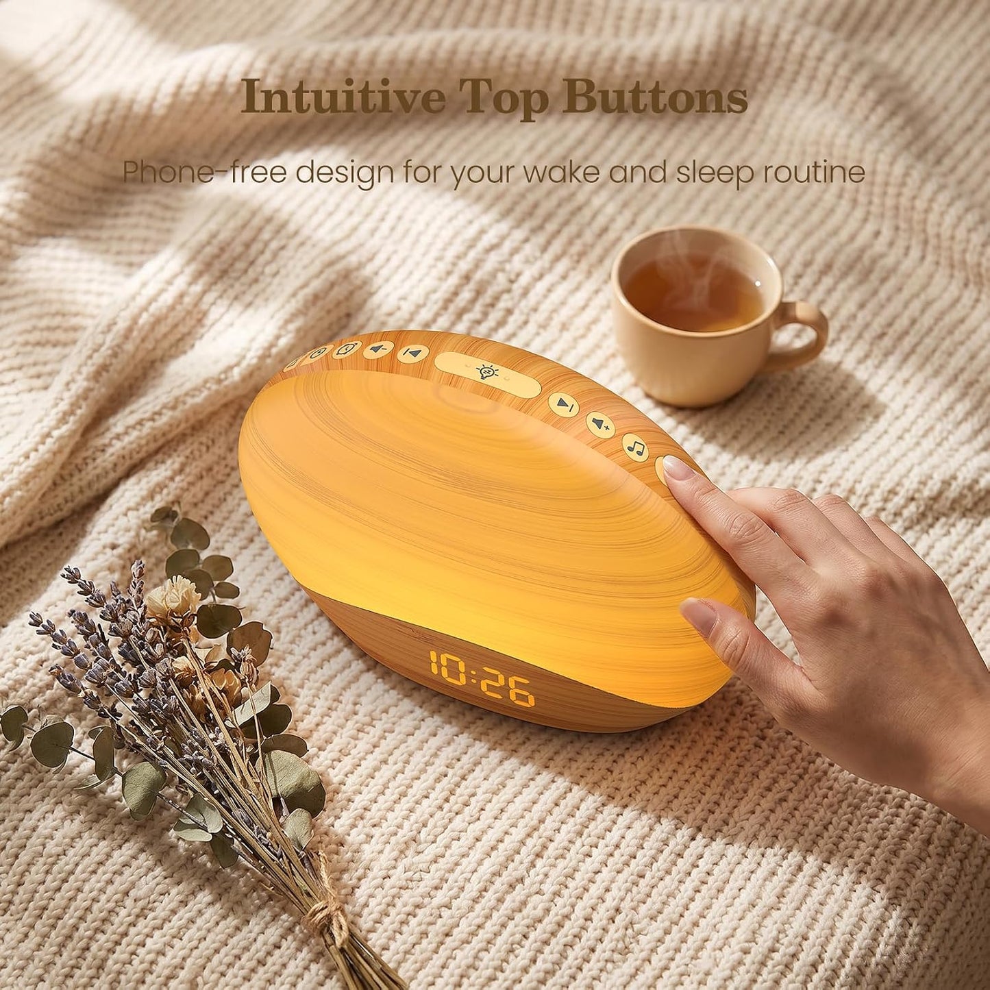 REACHER Wood Grain Sunrise Alarm Clock and Sound Machine Nightlight, Digital Dimmable Clock for Bedroom, 26 Sleep Sounds, White Noise Machine for Baby, Adults, Wake Up Light Alarm Clock for Kids | Digital Dimmable Clock for Bedroom, 26 Sleep Sounds,