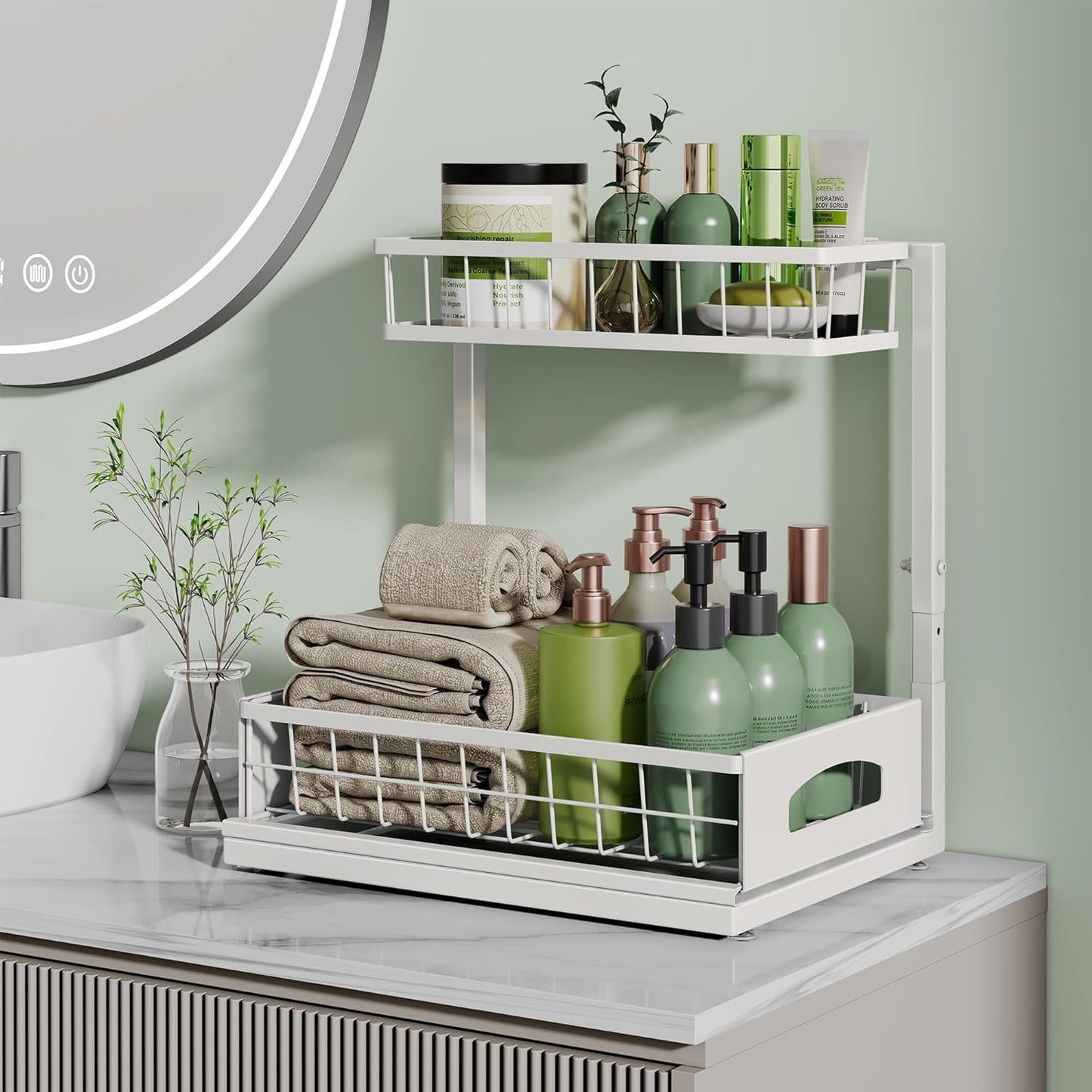 Under Sink Organizer, 2-Pack L-Shaped Metal Pull-Out Drawers for Kitchen | Cabinet Organizer Height Adjustable Heavy Duty Metal 2-Tier Storage Fits Beside Common Pipes for Bathroom Pantry