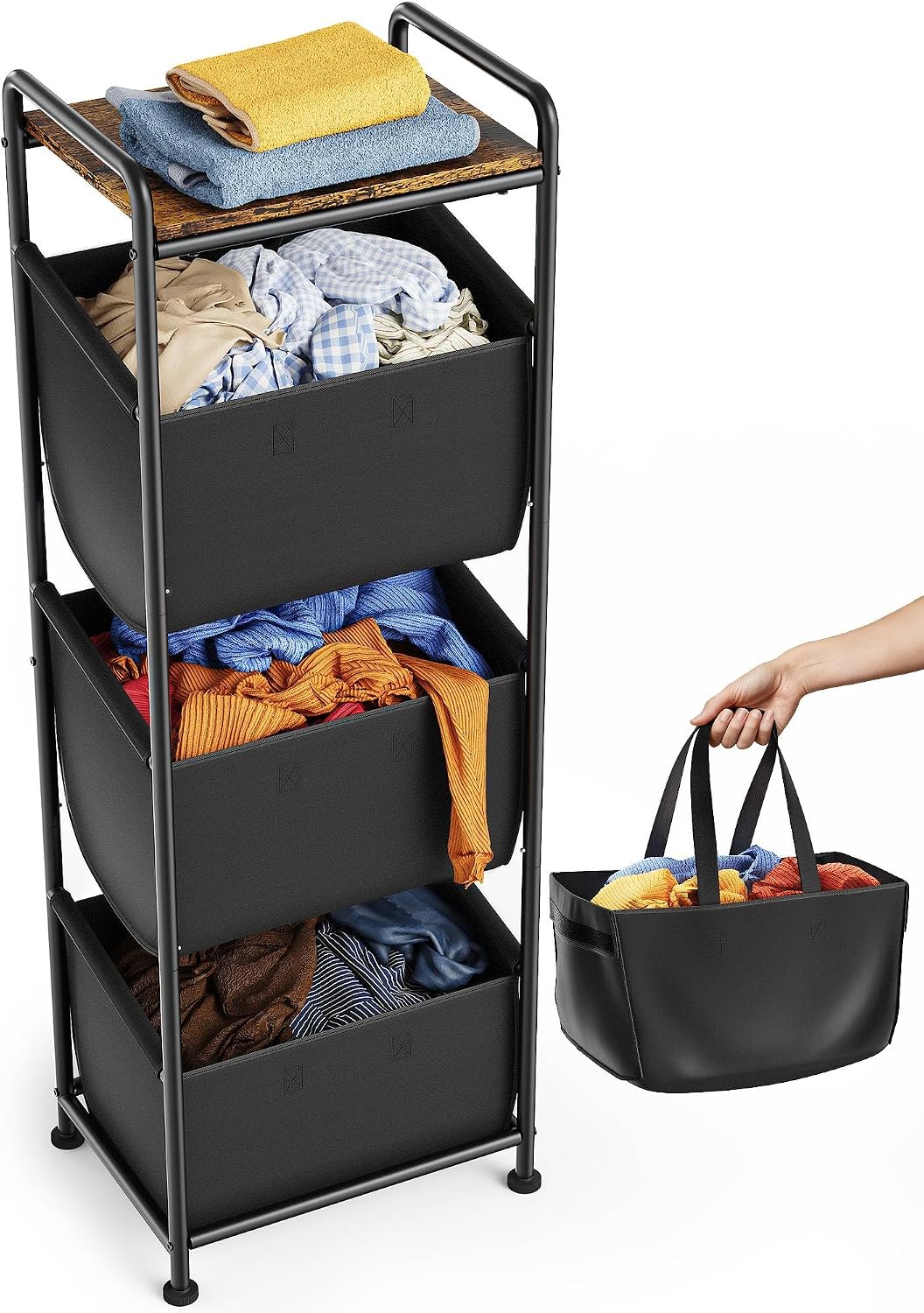 3 Section Laundry Sorter with Removable Bags, 120L Rolling Vertical Laundry Hamper, Stackable Laundry Baskets organizer for Bathroom, Apartment, Dorm (Beige, With Wheel)