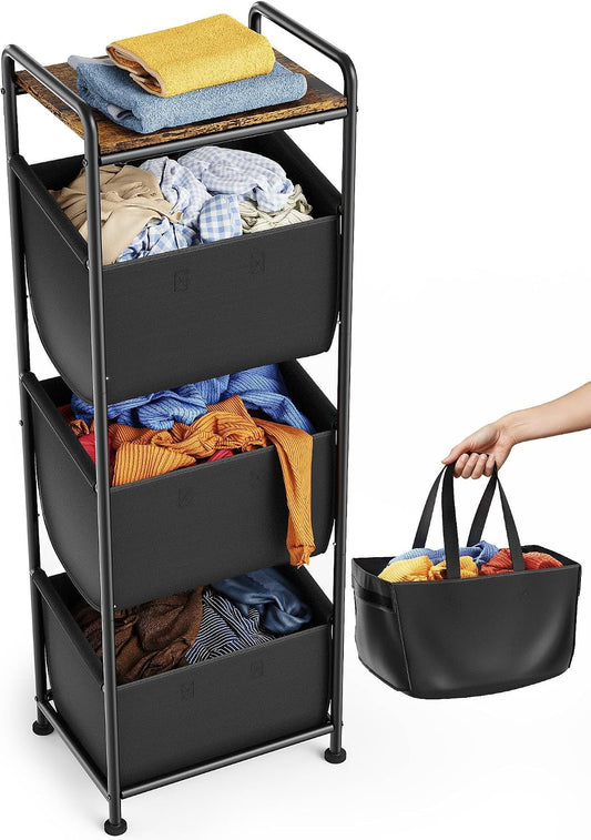 3 Section Laundry Sorter with Removable Bags, 120L Rolling Vertical Laundry Hamper, Stackable Laundry Baskets organizer for Bathroom, Apartment, Dorm (Beige, With Wheel)