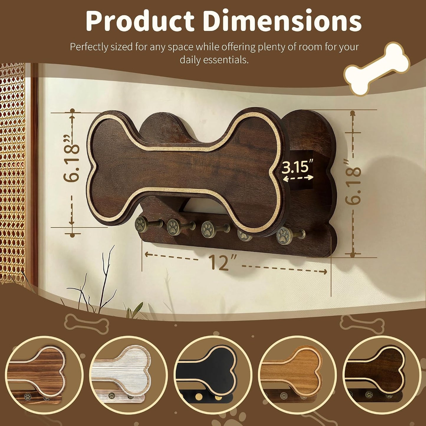 MTERSN Dog Leash Holder for Wall with Key Hooks for Dog Gear Storage, Brown | 3D Puppy Paw Hooks, Doggie Bone Shape, Key Rack with 5 Hooks, Wall Shelf for Treats & Dog Food, Ideal for Wall Decor