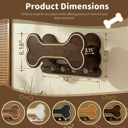 MTERSN Dog Leash Holder for Wall with Key Hooks for Dog Gear Storage, Brown | 3D Puppy Paw Hooks, Doggie Bone Shape, Key Rack with 5 Hooks, Wall Shelf for Treats & Dog Food, Ideal for Wall Decor