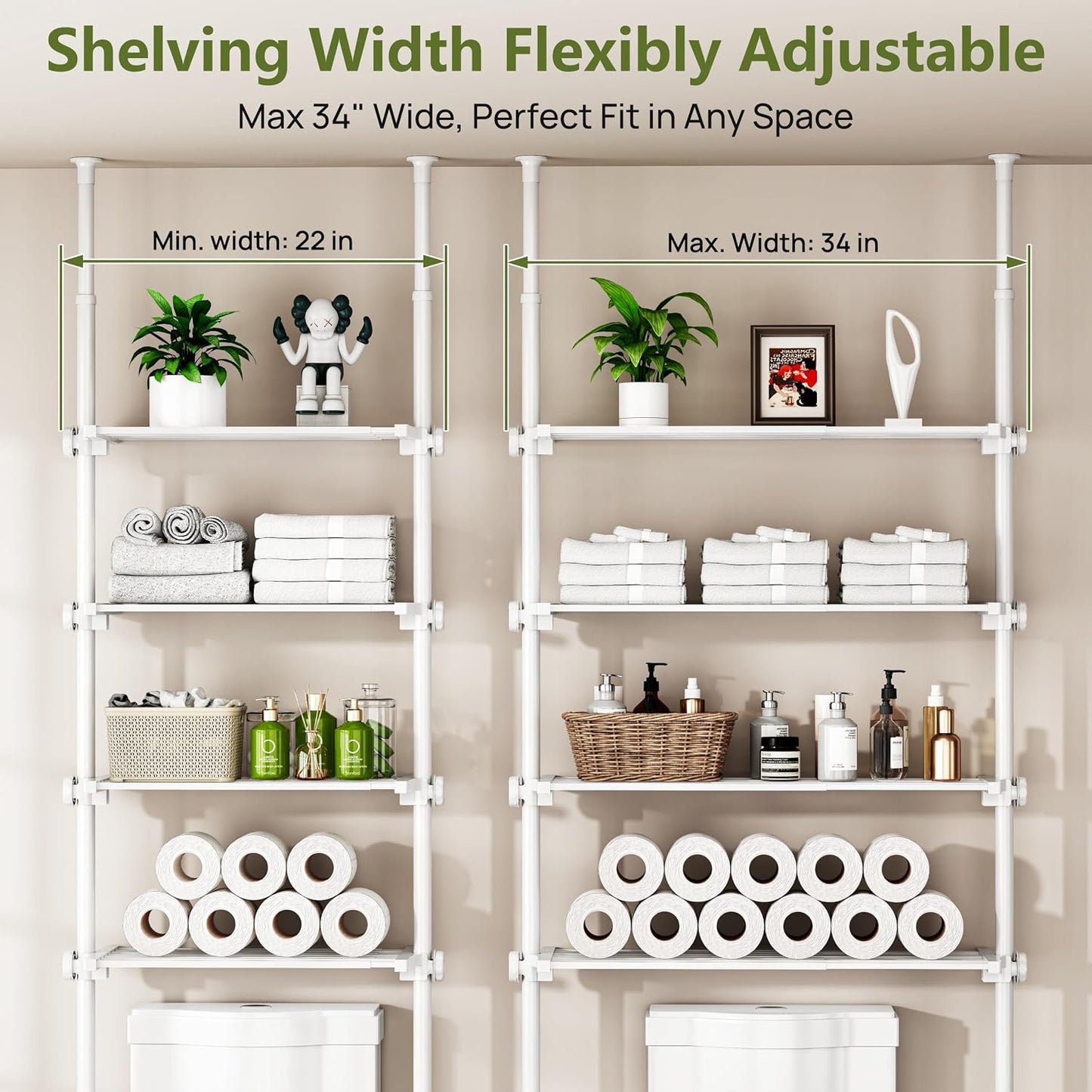 ALLZONE Adjustable Over The Toilet Storage Shelf, 4-Tier Ample Bathroom Organizer and Storage, Tension Mounted Above Toilet Storages Cabinet for Versatility, Fits 66-113 Inch Heights, Black