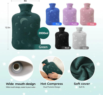 Hot Water Bottle with Soft Cover, 2L Hot Water Bag for Menstrual Cramps, Neck and Shoulder Pain Relief, Hot and Cold Therapies, Hand Feet Warmer, Blue