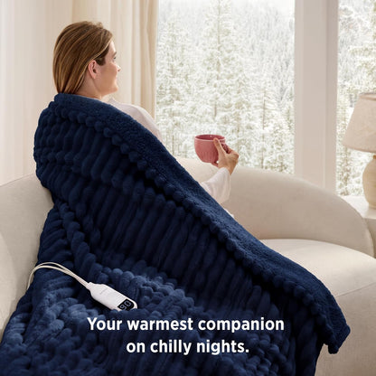 Bedsure Heated Blanket Electric Throw - Thick Striped Fast Heating Electric Blanket with Preheat Function, 6 Heat & 6 Timer (Up to 10H), 8H Auto Off, ETL Certified, Gifts for Women (50"x60", White)