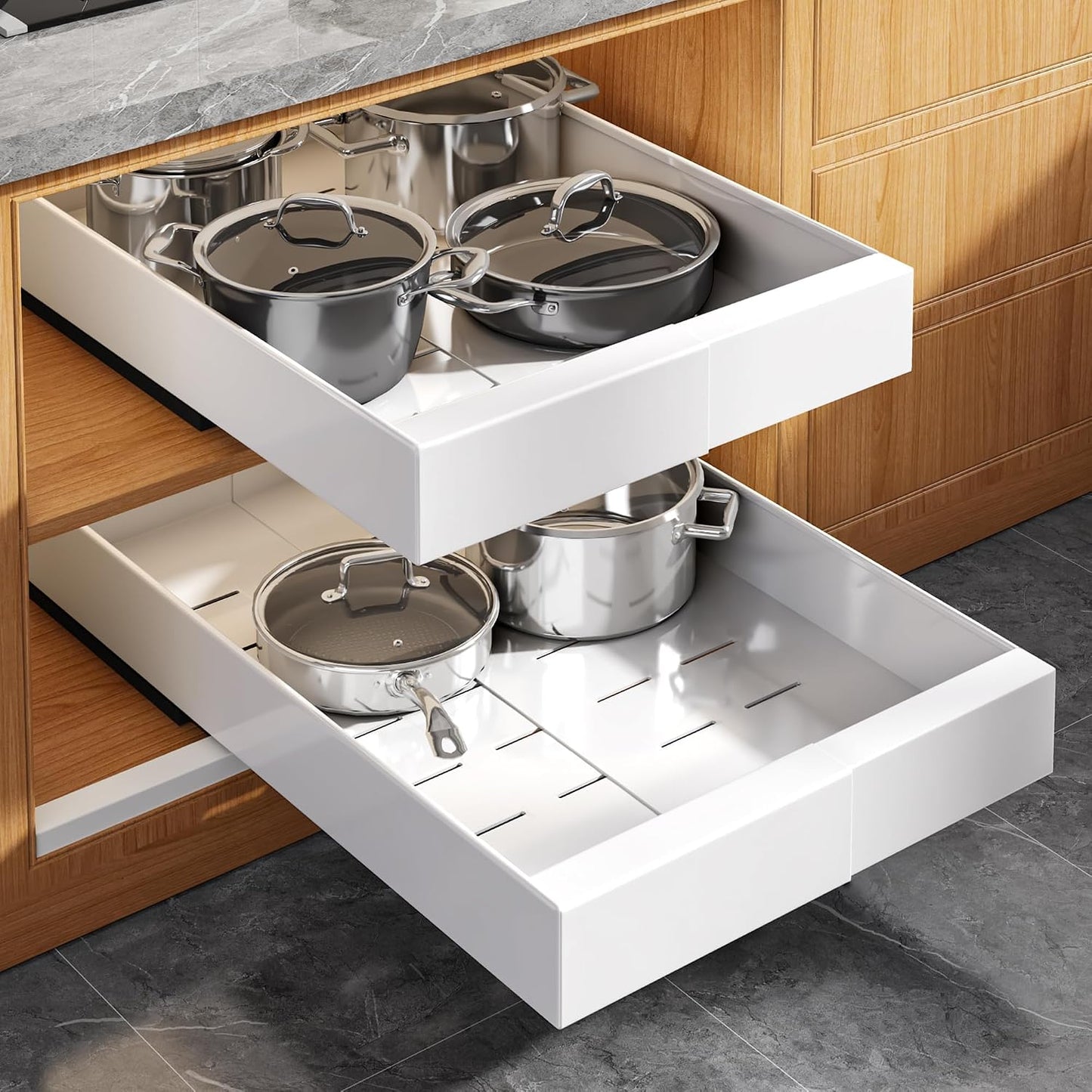 Seinloes 2Pack Expandable Pull Out Cabinet Organizer 21"Deep With Raising Pad for Framed Cabinets, Upgrade 3 Slide Rails Slide Out Drawers, Roll Out Shelves Adhesive,Adjustable Width 12.05"-20.4"White