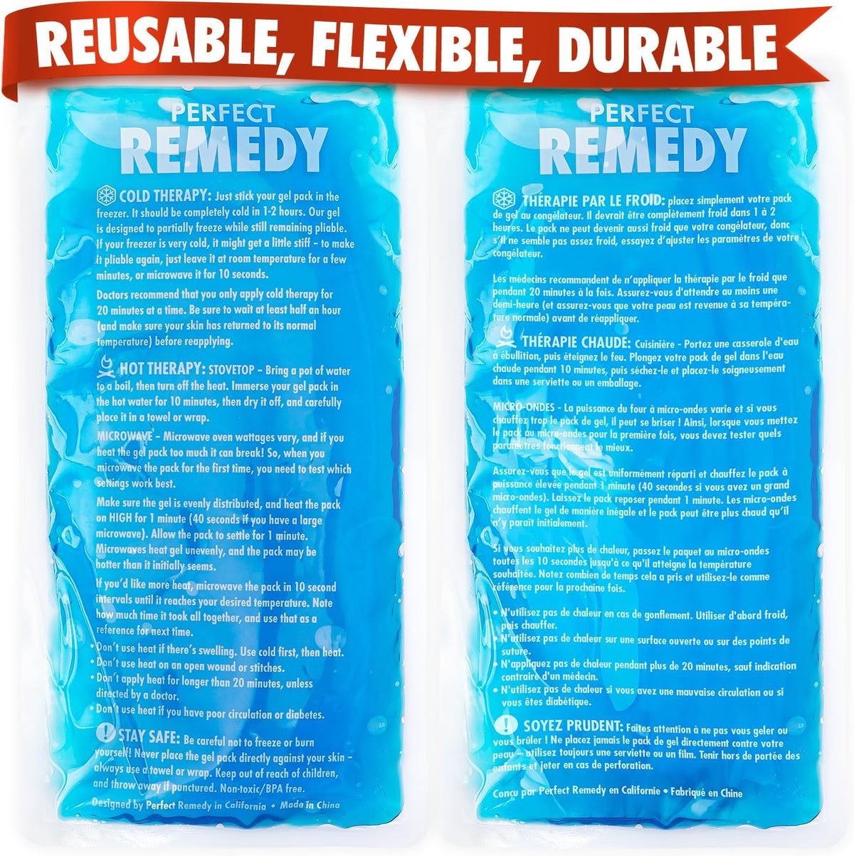 Perfect Remedy Gel Ice Packs for Injuries with Strap Cover, Flexible Hot Cold Compress, Soothing Soft Ice Packs for aid in Injuries Conditions, Alternative to Hot Water Bottles (Blue, Regular)