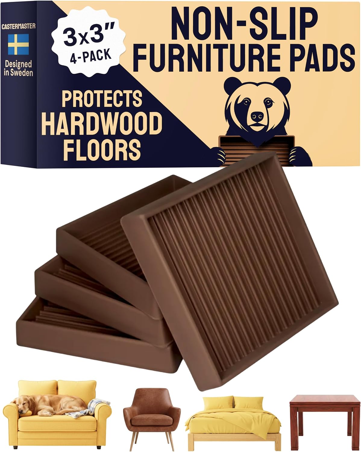 Non-Slip Furniture Pads - 4x4 in Brown, 4 Pack | Square rubber caster cups - anti-skid - Use for heavy sofas, beds & chairs on hardwood floors
