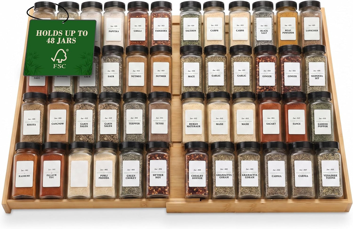 Bamboo Spice Drawer Organizer, Expandable 12 to 23 Inch Insert Holds 48 Jars, 4 Tier Seasoning Rack for Kitchen Drawer or Countertop, Adjustable Wood Spice Organizer