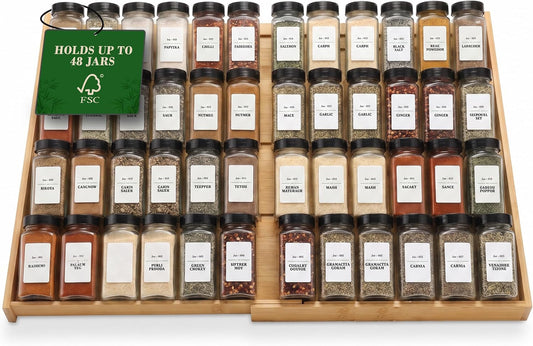 Bamboo Spice Drawer Organizer, Expandable 12 to 23 Inch Insert Holds 48 Jars, 4 Tier Seasoning Rack for Kitchen Drawer or Countertop, Adjustable Wood Spice Organizer
