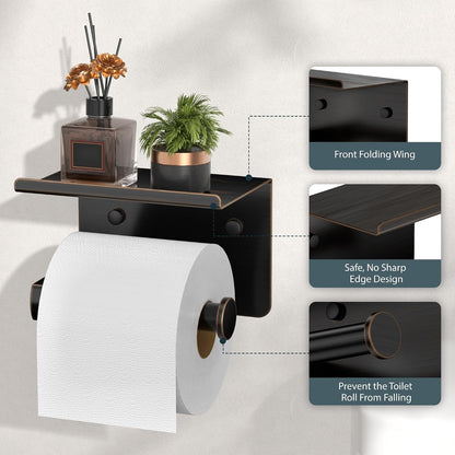 FORIOUS Toilet Paper Holder with Shelf, Adhesive or Screw, Commercial | Brushed Nickel | Wall Mount Bathroom Tissue Holder | SUS304 Stainless Steel Rustproof | Bathroom Tissue Roll Holder